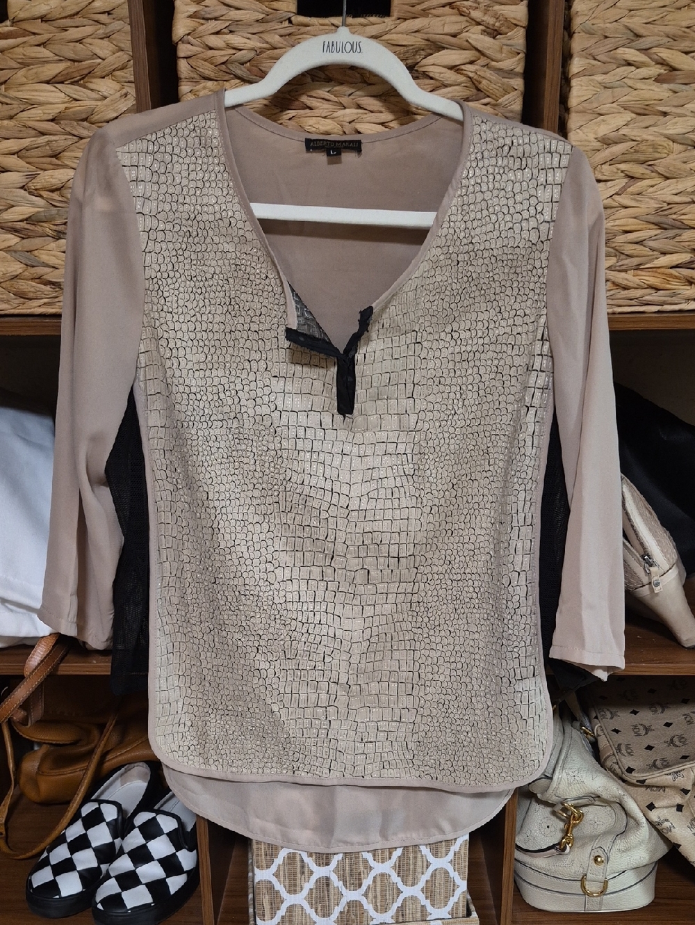 Alberto Makali Beige and Black Long Sleeve Textured Front Blouse